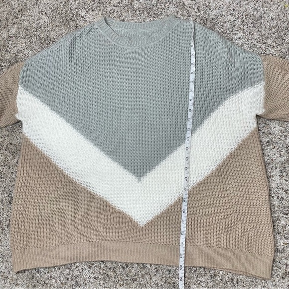 Unbranded Tan Grey White Colorblock Long Sleeve Crewneck Knit Sweater - Picture 7 of 7
